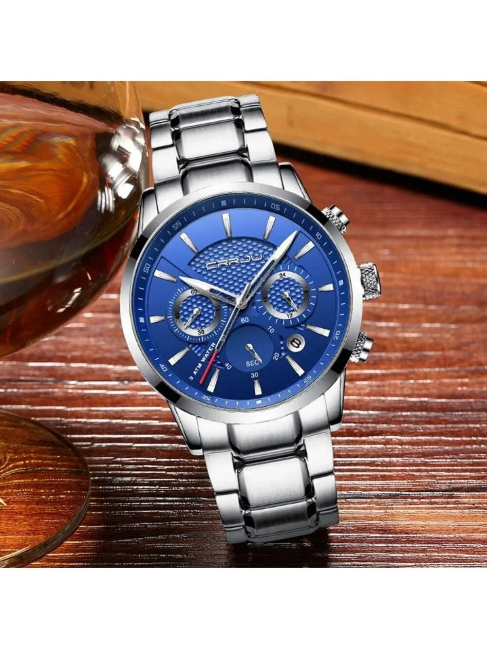 Men's Silver Blue Stainless Steel Chronograph Quartz Waterproof Wrist Watch